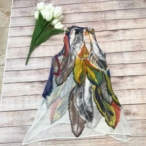 Mandee small vintage sheer printed blouse with feather print. Small.